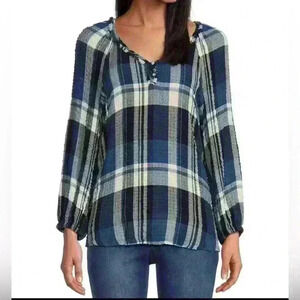 Westbound Women’s Plaid Blue & White Long Bishop Sleeve Top Size Large V-Neck